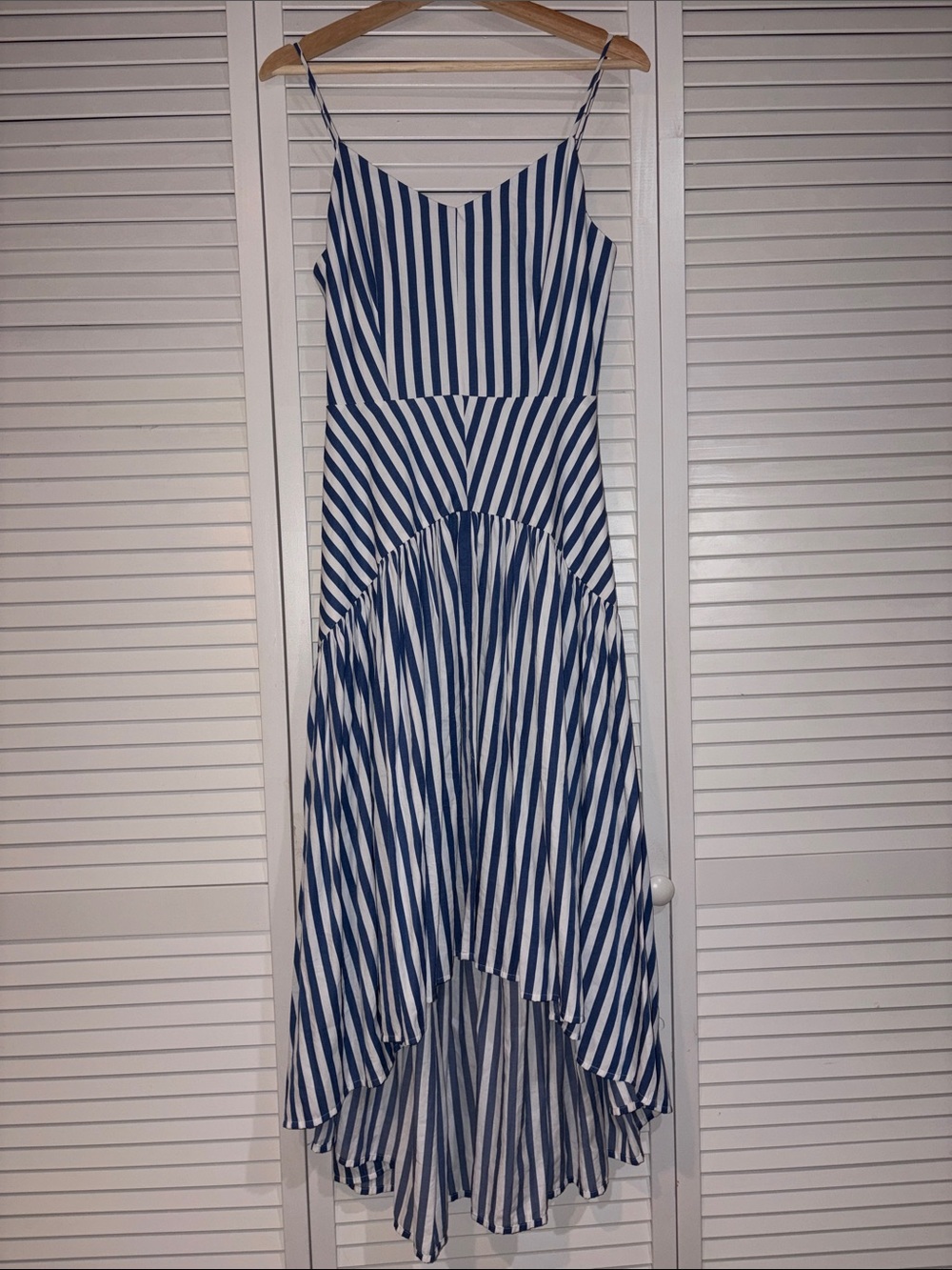 Stellah Blue and White Striped High-Low Dress